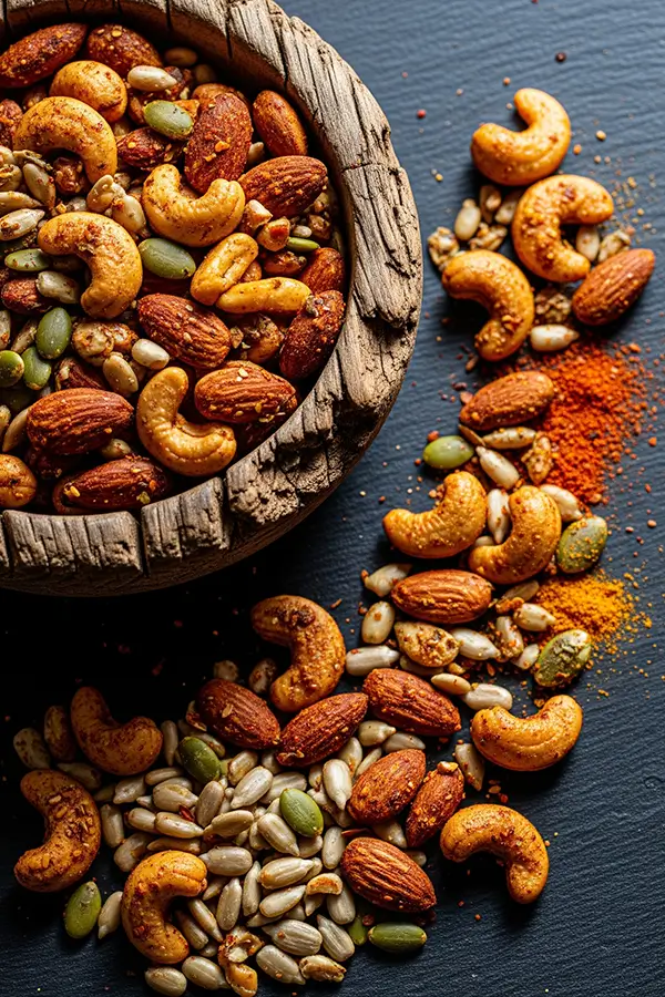 Assorted roasted nuts and seeds on a dark marble background.