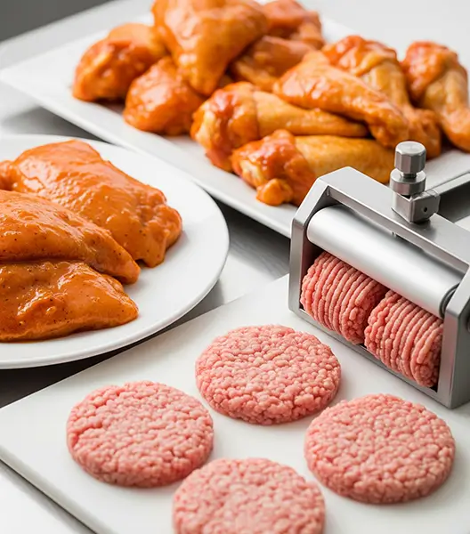 The breast meat, glazes for wings, and functional systems for ground and formed products are on the stainless steel