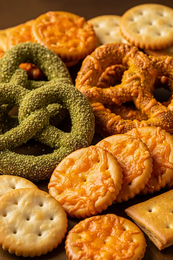 Pretzels and crackers, sprinkled with seasoning, are stacked on a dark brown tabletop.