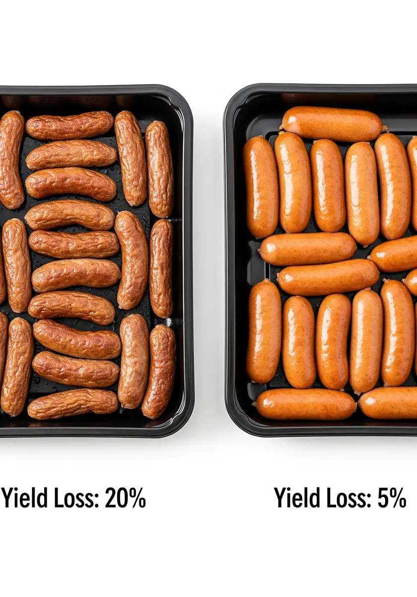 Side-by-side trays of cooked sausages: left tray shows fewer, slightly shriveled sausages labeled 'Standard Process (12% Loss)'; right tray shows more, plump uniform sausages labeled 'With Ruikelai Solution (5% Loss)'.