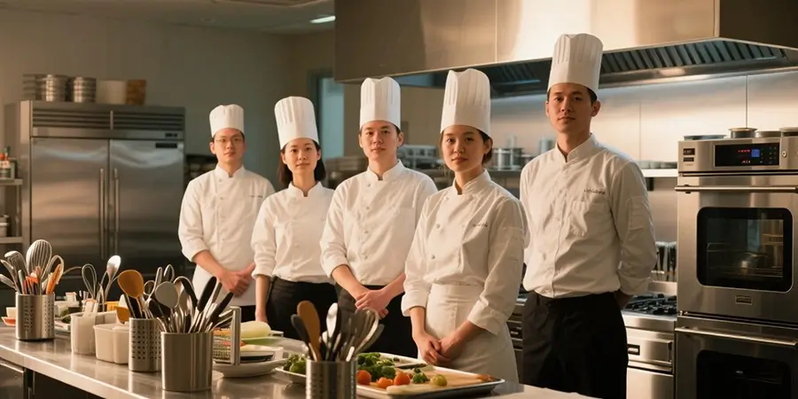 Professional portrait of a culinary team of chefs and food scientists in a modern test kitchen.