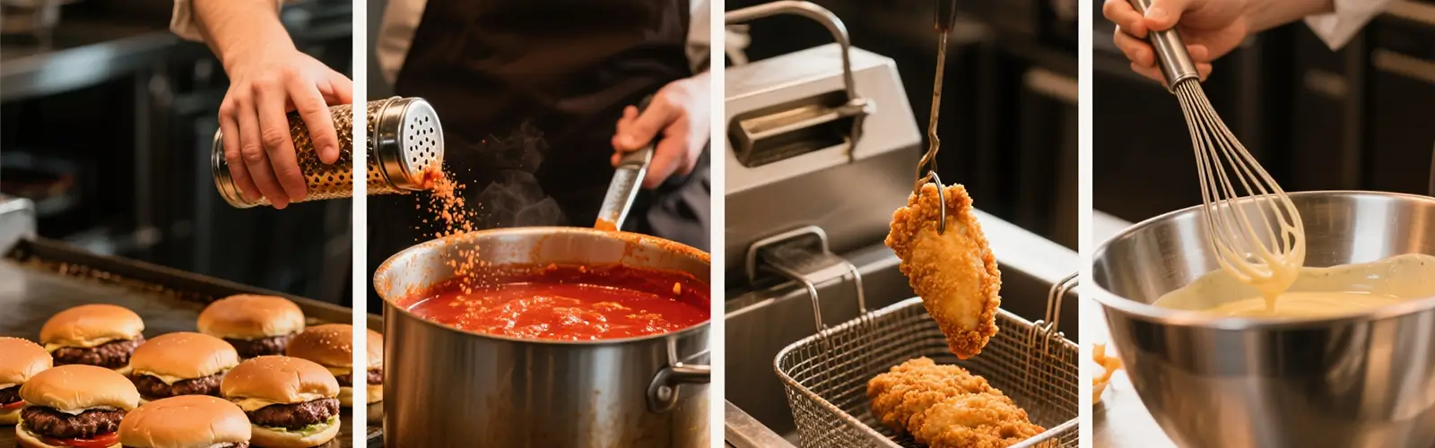(1) Line cook seasoning burgers on a grill. (2) Marinara sauce simmering on a stove. (3) Breaded chicken being fried. (4) Chef whisking dressing in a bowl.