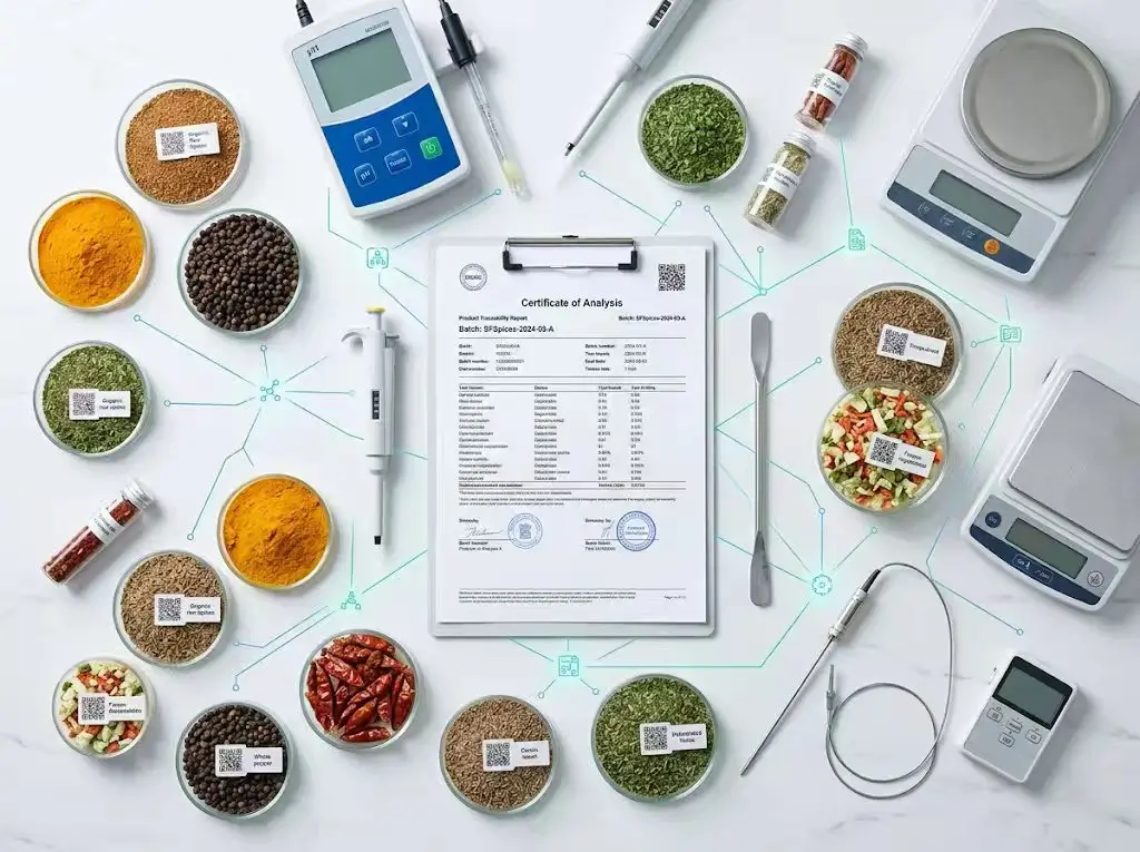 Advanced food ingredient laboratory performing over 200 batch checks, microbial screening, and blockchain traceability.